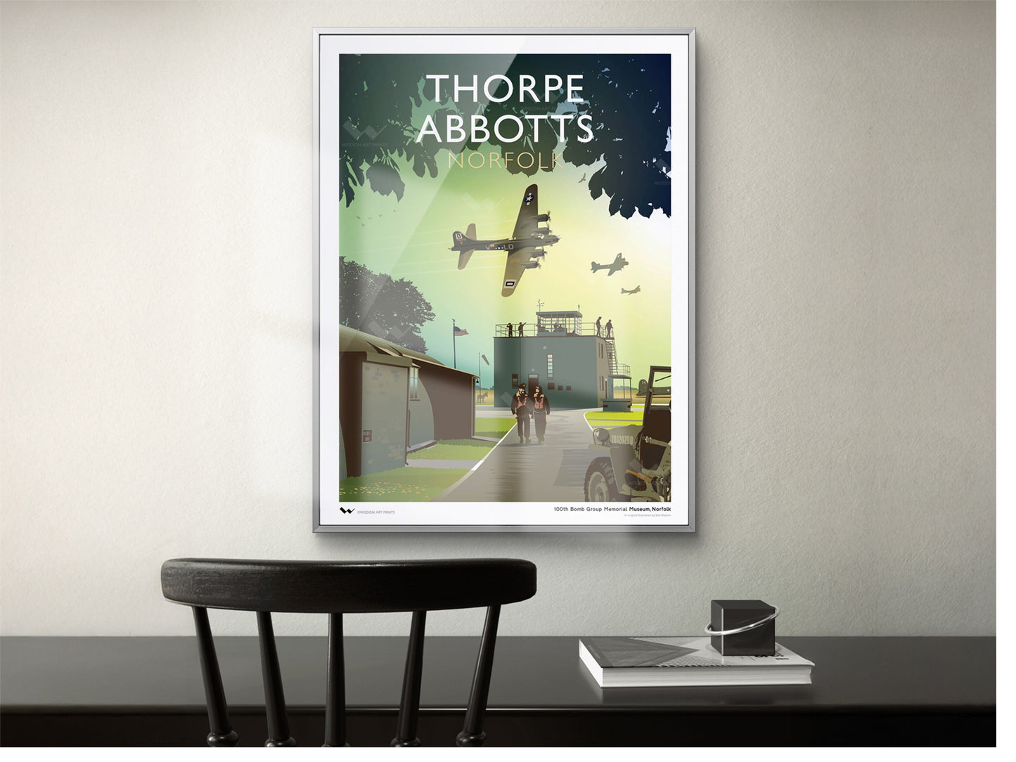 Thorpe Abbotts, Norfolk illustration featuring pilots, Willys jeep, Moe the donkey mascot, Flying Fortresses.