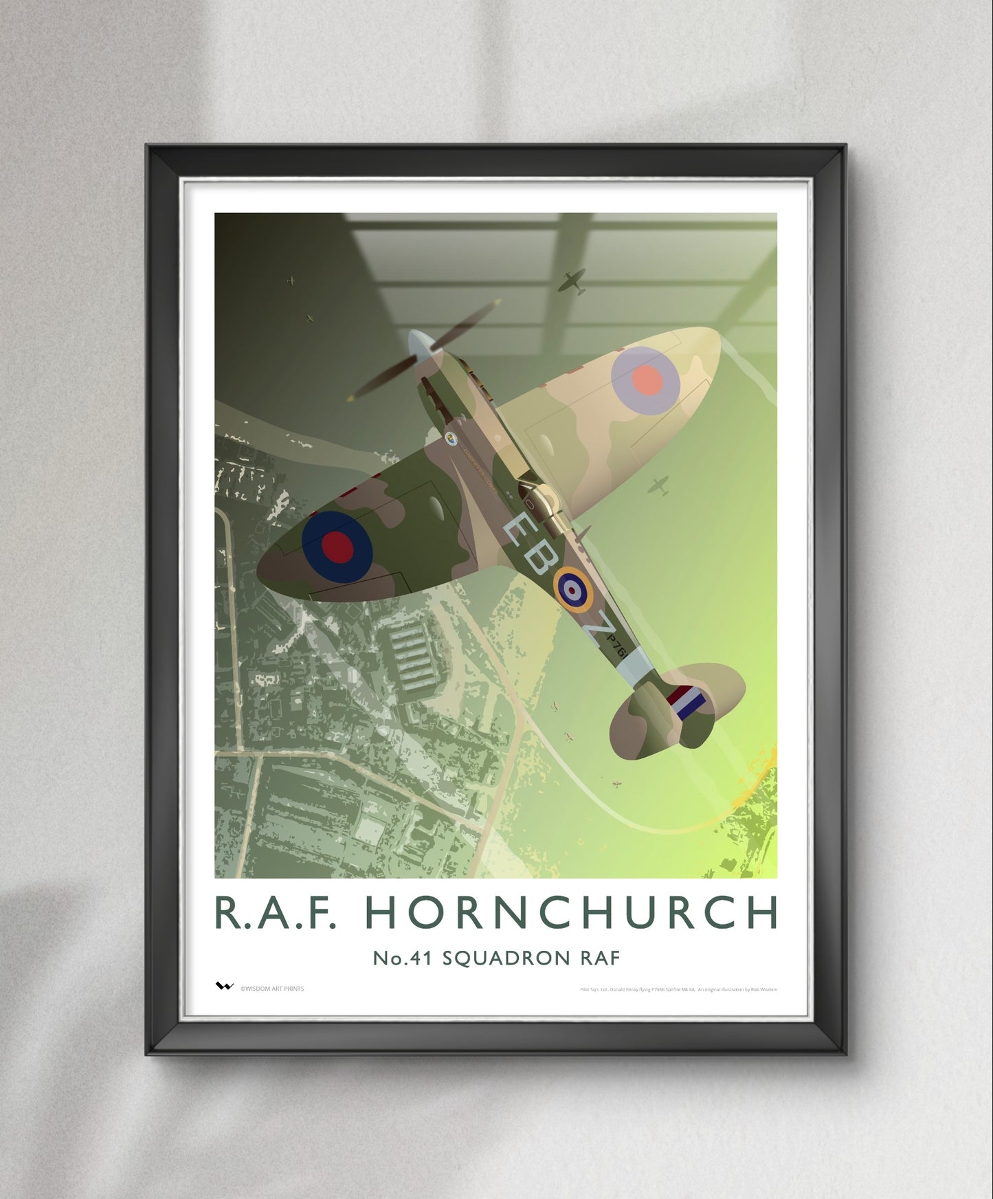 Original travel poster depicting a Supermarine Spitfire, flying above RAF Hornchurch in Essex.