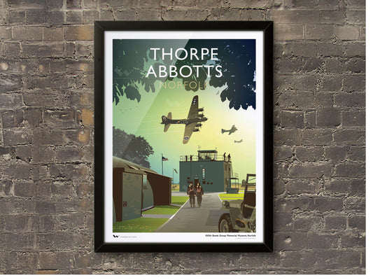 Art print depicting a United States Army Air Force B-17 Flying Fortress flying over RAF Thorpe Abbotts.