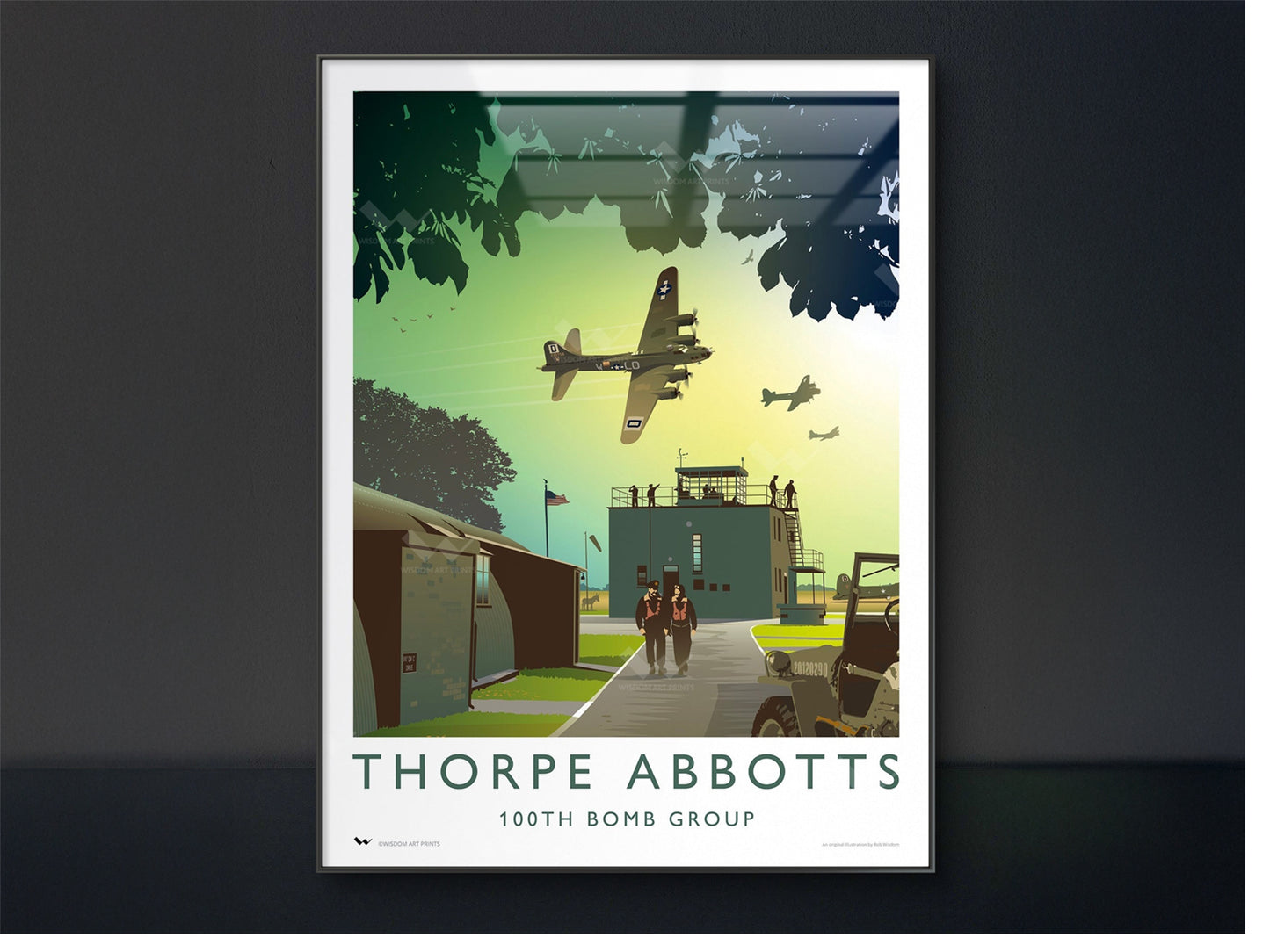 Original travel poster depicting the 'Bloody Hundredth' USAAF at RAF Thorpe Abbotts in Norfolk, England during WW2.