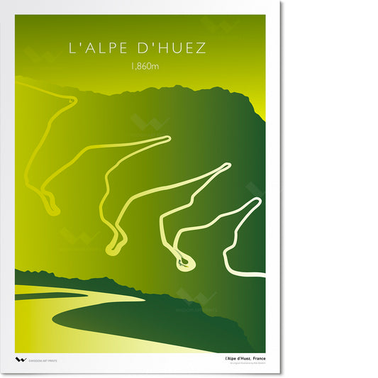 Poster of L'Alpe d'Huez mountain, featuring the hairpin turns of the Tour de France route.