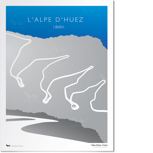 Poster of L'Alpe d'Huez mountain with a blue sky and white lines indicating a cycling route.