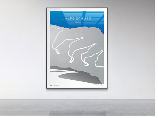 Framed poster of L'Alpe d'Huez on a gray wall