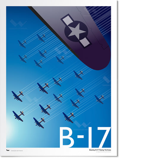 Original art print depicting a formation of B-17 Flying Fortresses in a dramatic and striking style; silhouettes set against a blue background, white contrails leaving their trace against the sky.