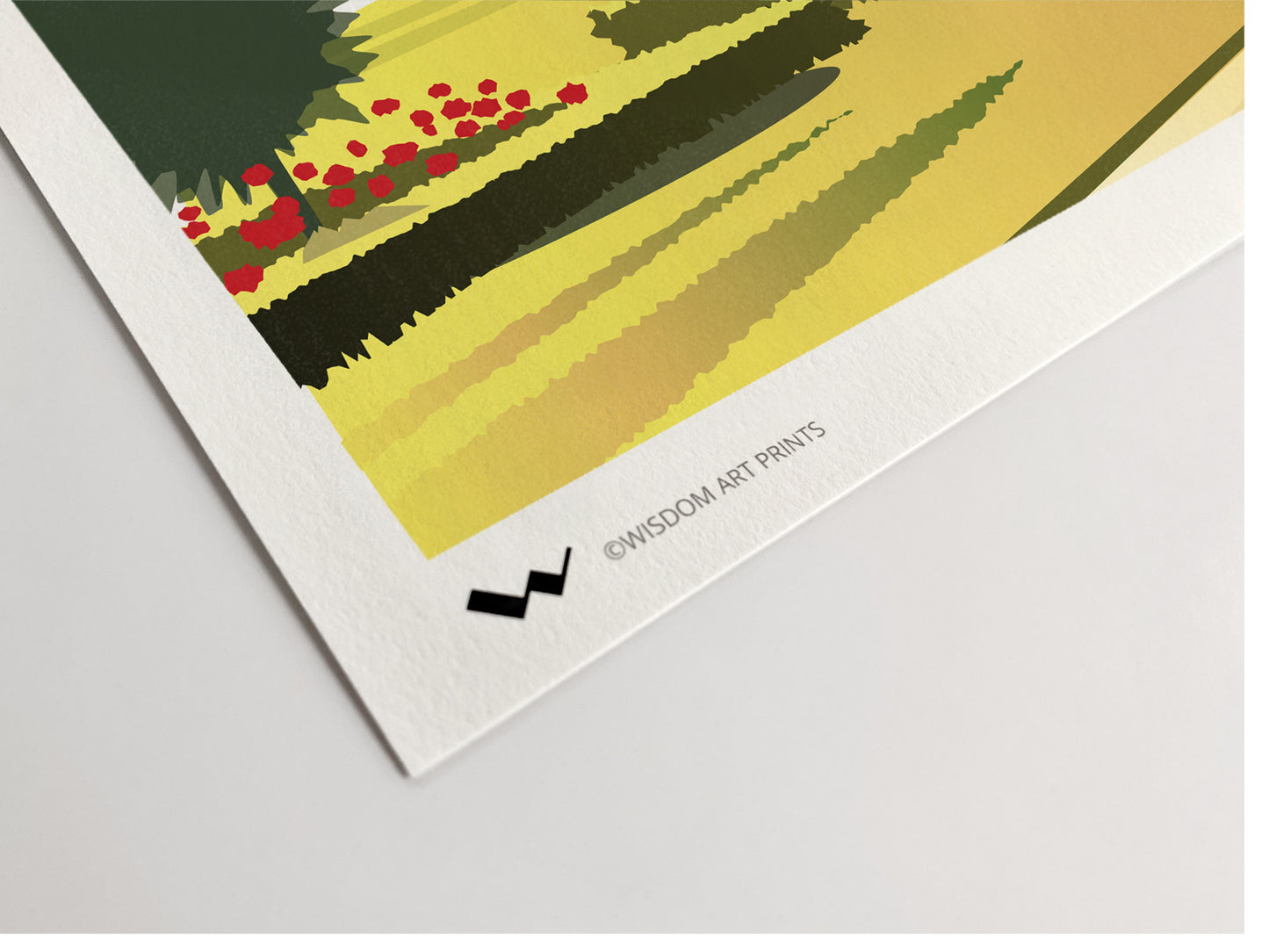 Close-up of the bottom-left corner of a Giclée art print, showing high-quality eleven colour printing on photorag fine art paper.