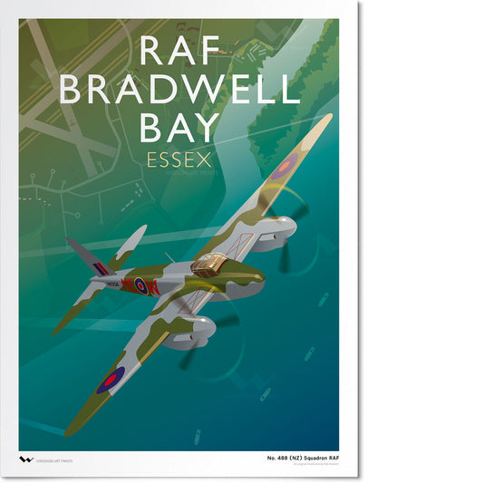 Original art print of a De Havilland Mosquito Night Fighter taking off from RAF Bradwell Bay in Essex. The Mosquito is serial number HK204, of No. 488 (New Zealand) Squadron Royal Air Force.