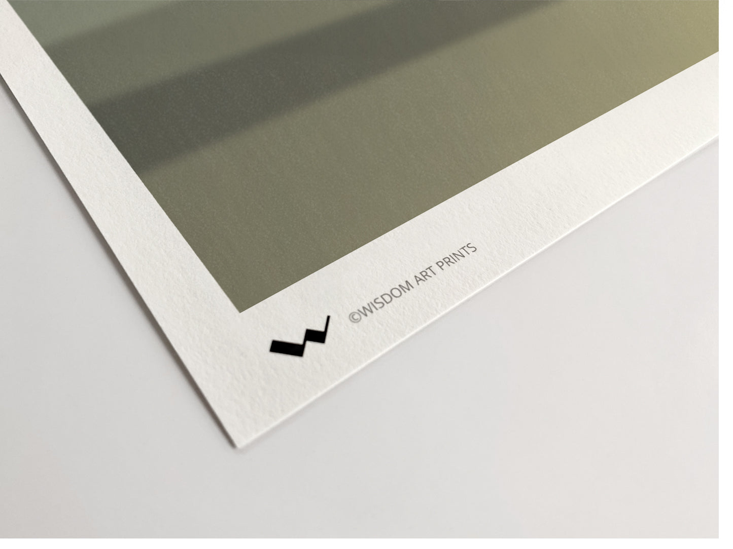 Corner of a framed artwork with a visible Wisdom Art Prints logo on a white background; the close up demonstrates the quality of the paper and of the Giclée printing process.