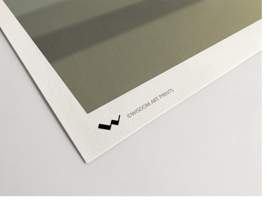 Corner of a framed artwork with a visible Wisdom Art Prints logo on a white background; the close up demonstrates the quality of the paper and of the Giclée printing process.