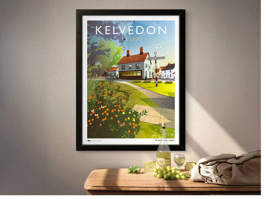 Framed art print of Kelvedon, Essex, showing a view of the Railway Tavern near the river.