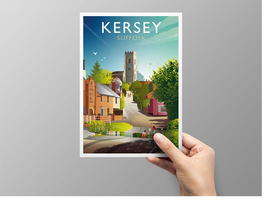 A5 greeting card of Kersey, Suffolk held by a hand against a gray background