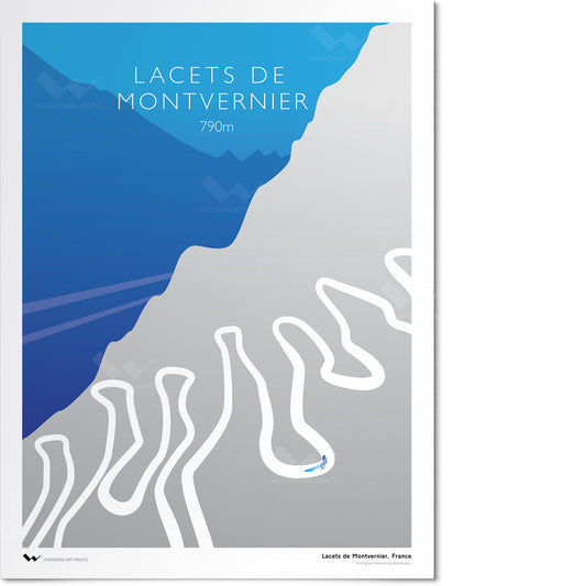 Original illustration of Les Lacets de Montvernier, the cycling course featured in the Tour de France, shown during the daytime.