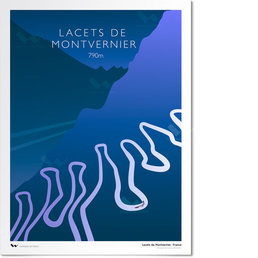 Original illustration of Les Lacets de Montvernier, the cycling course featured in the Tour de France, shown on a blue summer's night.