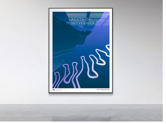 Framed poster of Lacets de Montvernier on a white wall