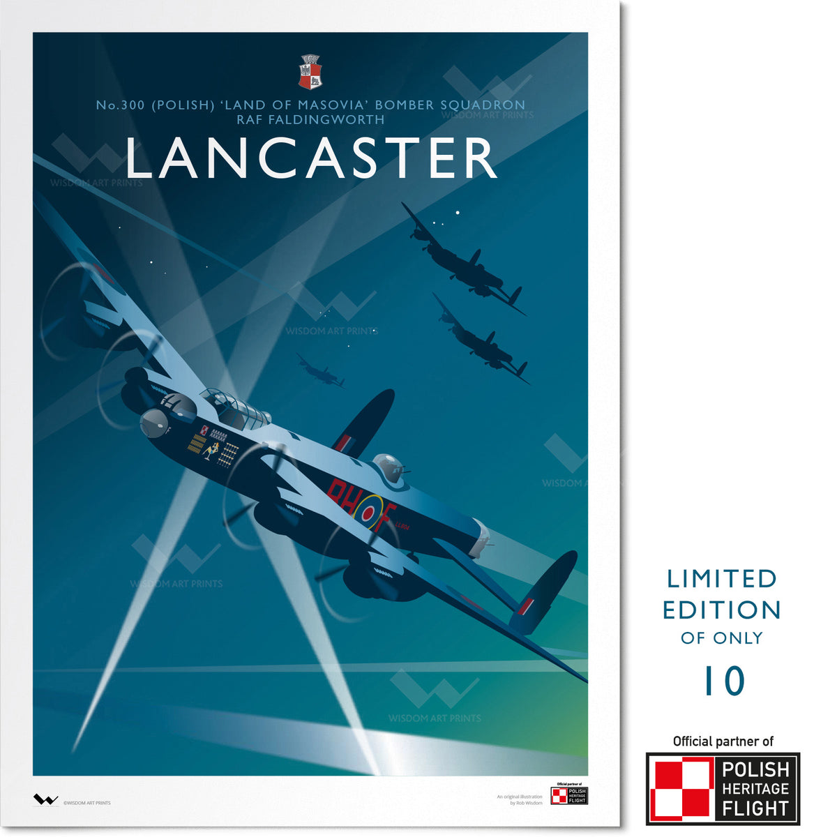 Limited edition art print depicting a Lancaster Bomber in the colours of No. 300 (Polish) Squadron RAF