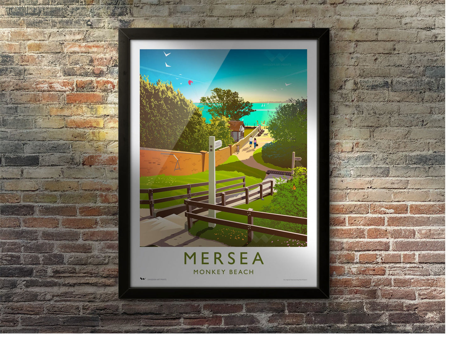 Framed travel poster of the beautiful seaside getaway spot of Monkey Beach on Mersea Island, overlooking the Blackwater Estuary,