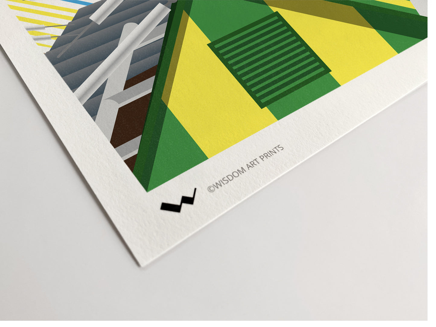 Close-up of paper corner, showing vibrant 11-colour Giclée art print on photorag fine art paper.