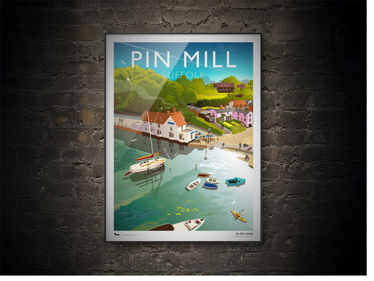 Framed art print of Pin Mill, Suffolk. Mounted on a brick wall.
