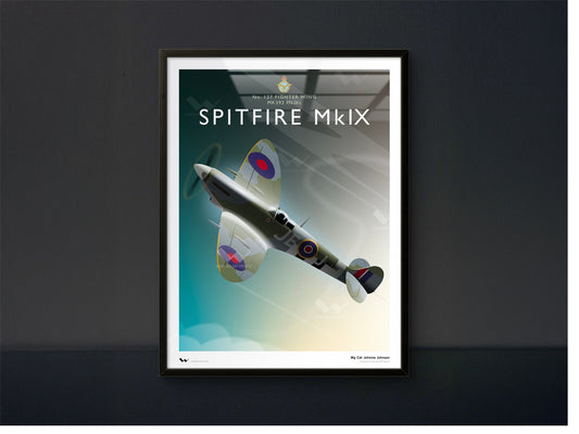 Framed poster of a Spitfire MkIX airplane on a dark background