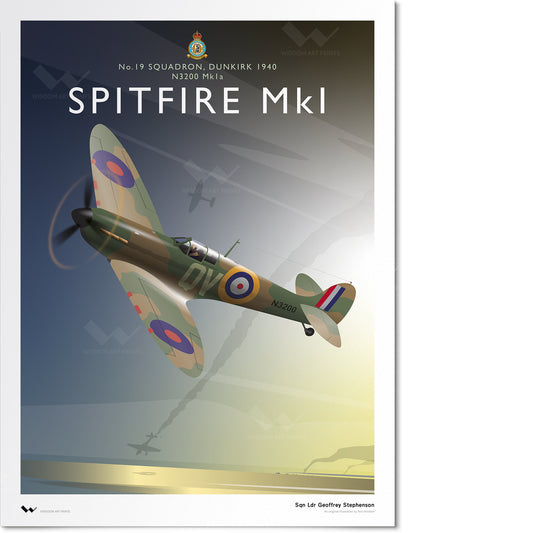 Original aviation art print of a Royal Air Force Supermarine Spitfire MkI, flying over Dunkirk during Operation Dynamo in 1940. The illustration depicts the Spitfire, with its iconic elliptical wings, flying over the English Channel. The art style is art deco-inspired.