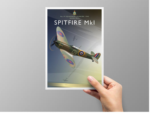A5 greeting card of a Spitfire fighter plane, held in hand.