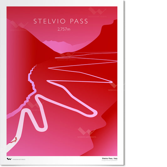 Poster of Stelvio Pass with a red gradient background and white road illustration.