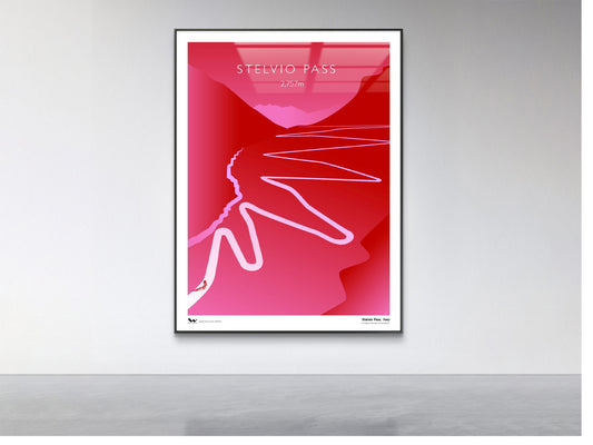 Framed poster of a mountain pass design with pink and white colors on a gray wall.