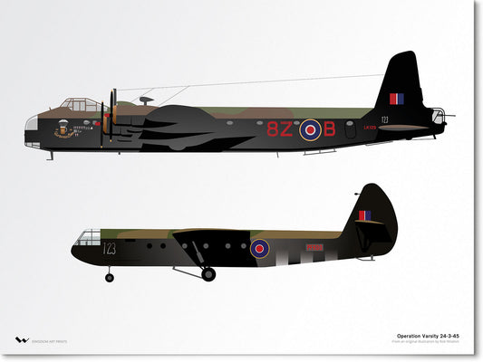 Original illustration of a Short Stirling Mk. IV and an Airspeed Horsa glider; a pairing that flew during Operation Market Garden and Operation Varsity in the Second World War.