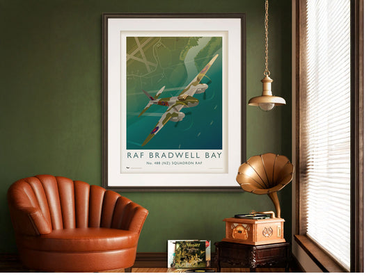 Framed art print of a Mosquito night fighter over RAF Bradwell Bay during the Second World War.