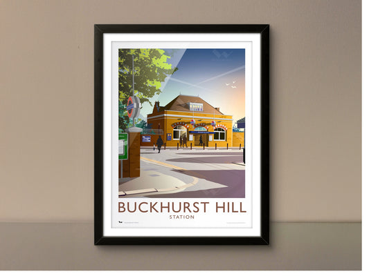 Framed travel poster of the Buckhurst Hill station of the London Underground's central line.