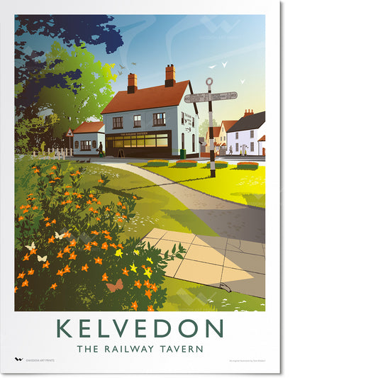 Travel poster of Kelvedon, Essex, showing the Railway Tavern next to the river.