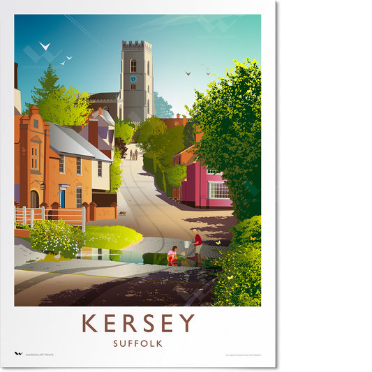 Original travel poster of Kersey in Suffolk, showing 'The Splash.'