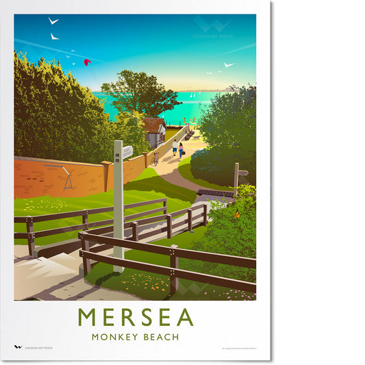 Original travel poster of Monkey Beach on Mersea Island, Essex.