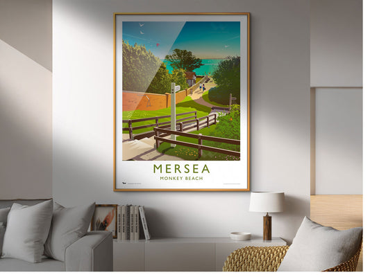 Nostalgic travel poster of Mersea Island's Monkey Beach in Essex.