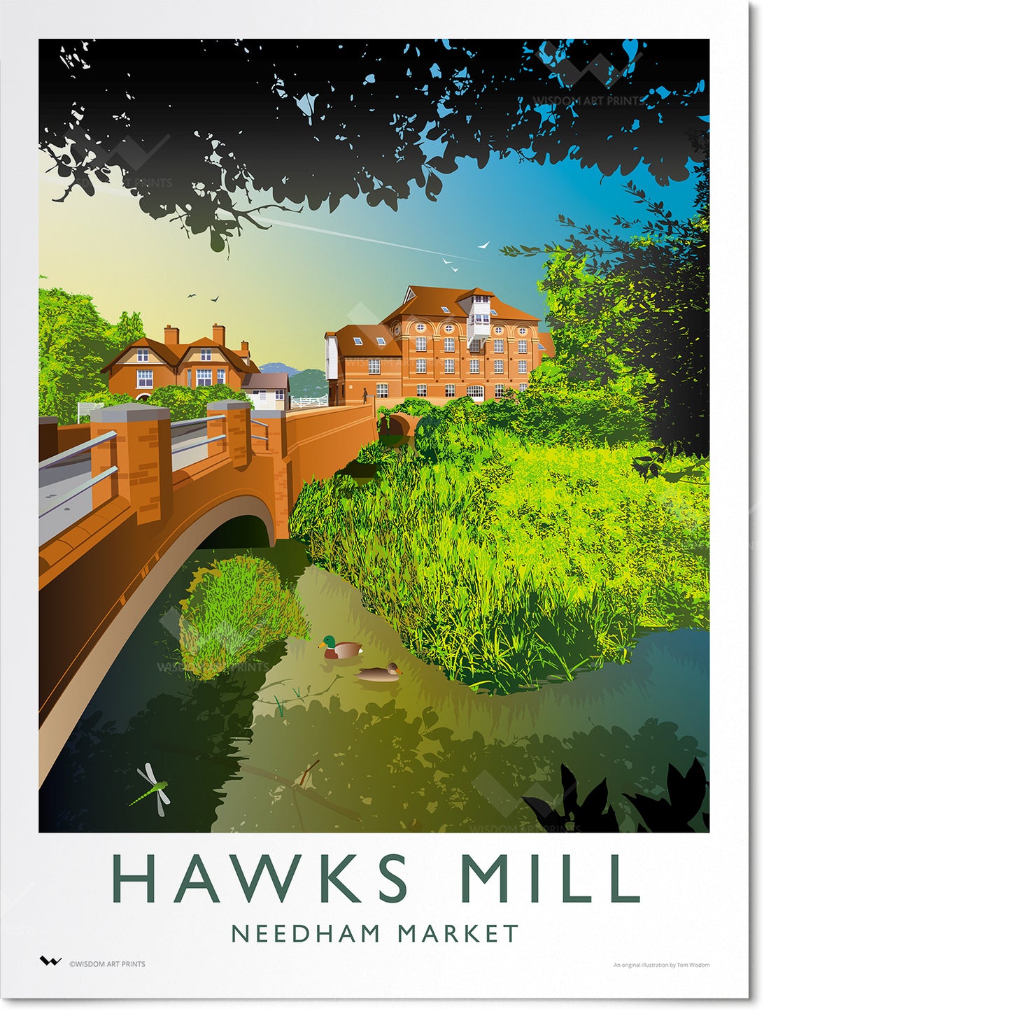 Giclée travel poster of Hawks Mill in an art deco style.