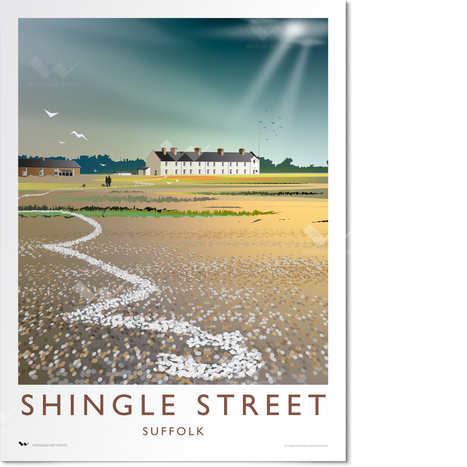 Poster of Shingle Street, Suffolk with a scenic view of a village and path.