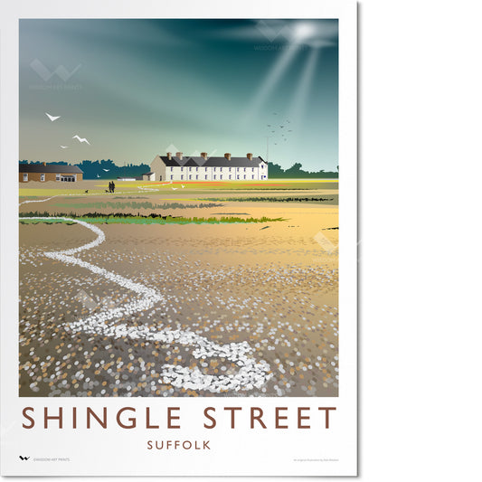 Poster of Shingle Street, Suffolk with a scenic view of a village and path.