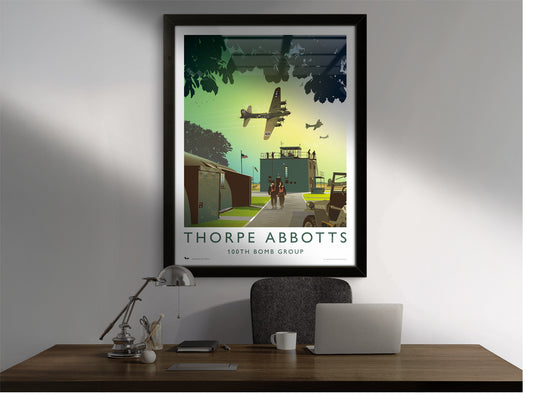 Framed travel poster of Thorpe Abbotts airfield in Norfolk, then USAAF, now 100th Bomb Group Memorial Museum.