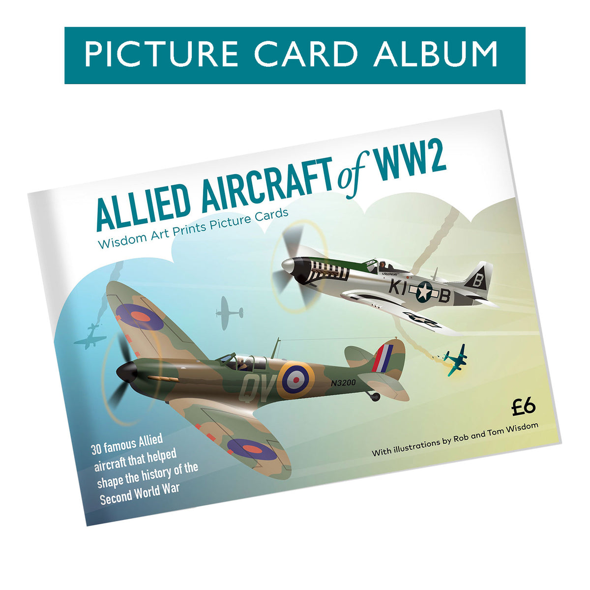 A book titled 'Allied Aircraft of WW2' shown at an angle on a plain white background. The front cover features illustrated vintage fighter planes, including a Spitfire and a Mustang.