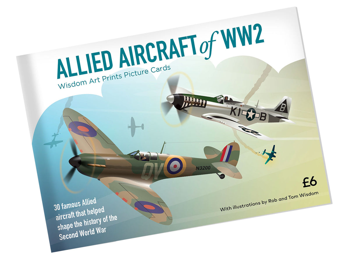 A book titled 'Allied Aircraft of WW2' shown at an angle on a plain white background. The front cover features illustrated vintage fighter planes, including a Spitfire and a Mustang.