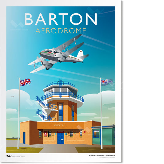 Original illustration of Manchester Barton Aerodrome, featuring the iconic control tower. A De Havilland Dragon Rapide airliner flies overhead.