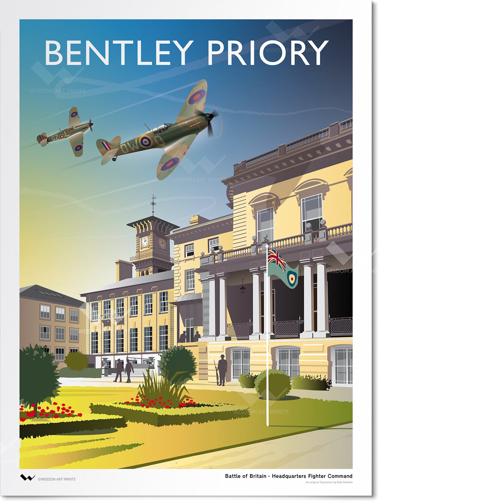 Original art print of Bentley Priory, which was Headquarters Fighter Command during the Battle of Britain and Second World War. Depicted here with a Supermarine Spitfire and Hawker Hurricane flying overhead.