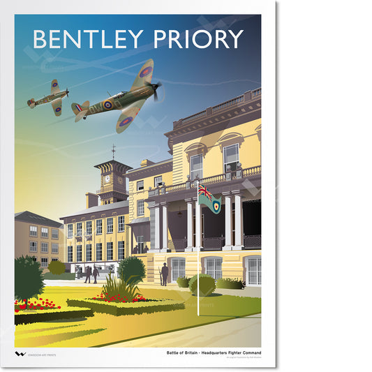 Original art print of Bentley Priory, which was Headquarters Fighter Command during the Battle of Britain and Second World War. Depicted here with a Supermarine Spitfire and Hawker Hurricane flying overhead.