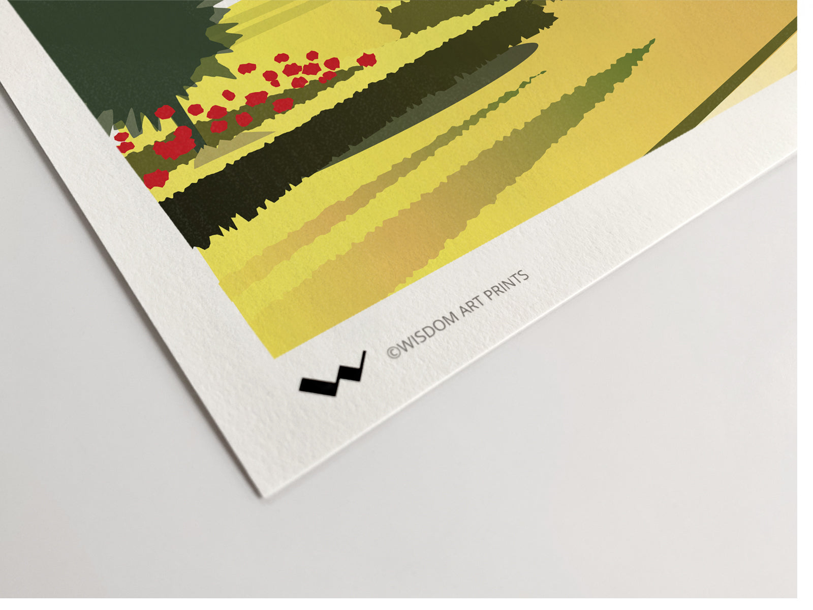 Close-up of the bottom-left corner of a Giclée art print, showing high-quality eleven colour printing on photorag fine art paper.