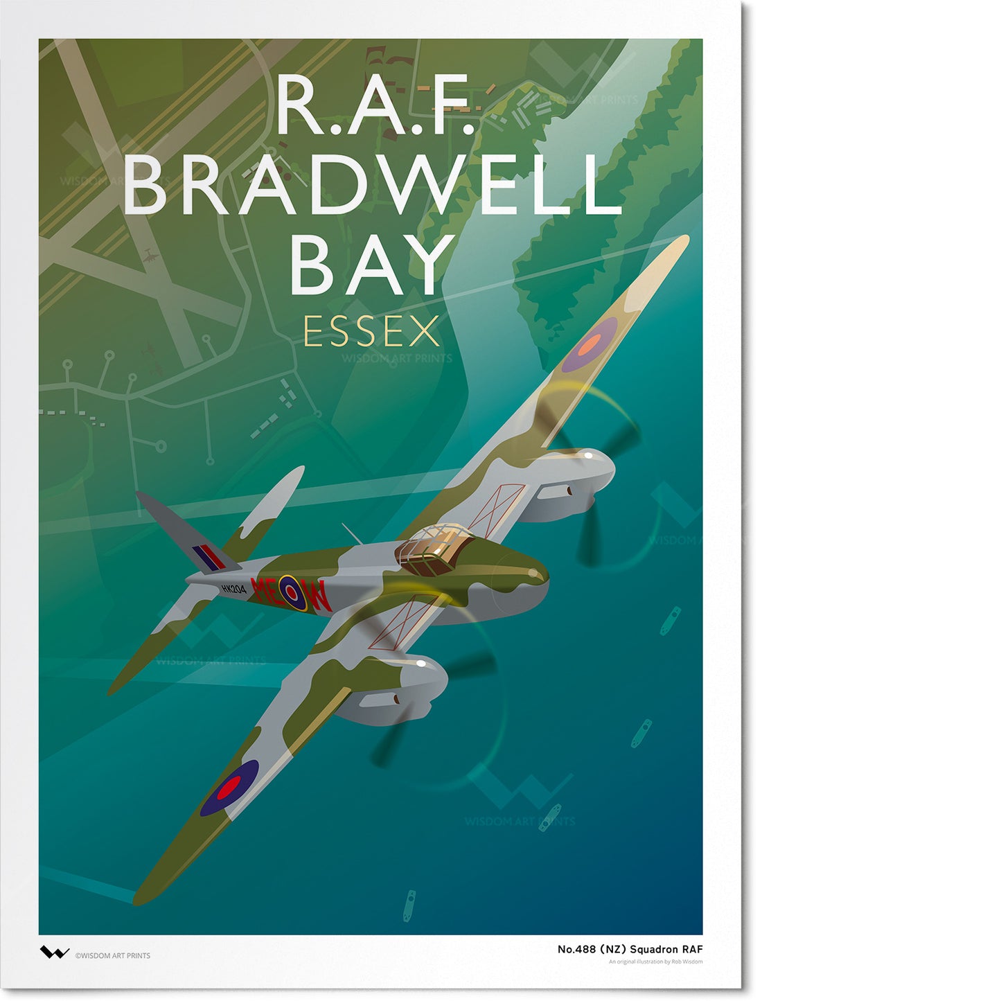 Illustration of RAF Bradwell Bay, featuring a De Havilland Mosquito