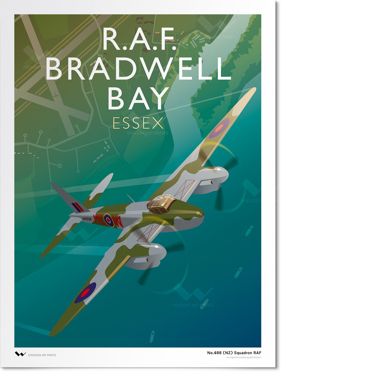 Illustration of RAF Bradwell Bay, featuring a De Havilland Mosquito