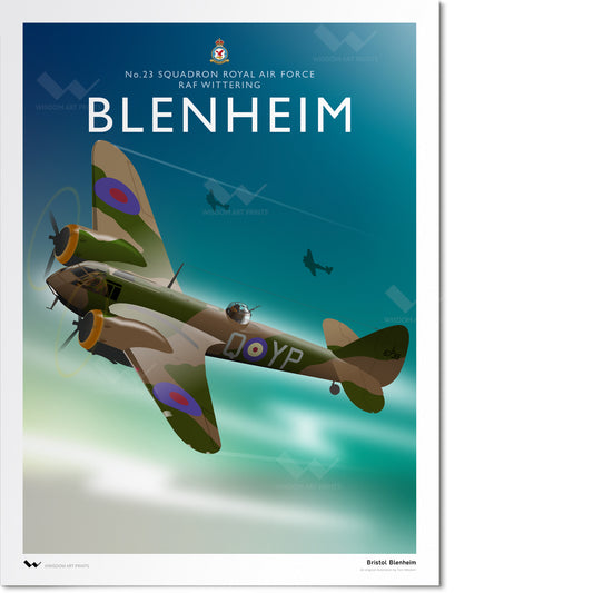 Original art print depicting a Bristol Blenheim twin-engined aircraft, in Royal Air Force markings, flying for No. 23 Squadron RAF on a sunny day.