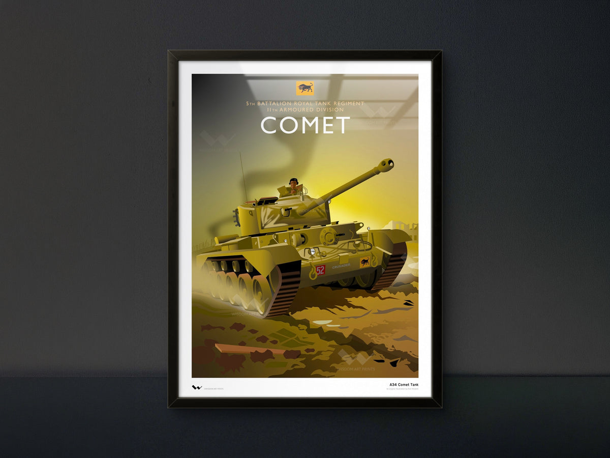 A framed vintage-style art deco military poster featuring a tank labeled 'COMET' on a dark gray background.