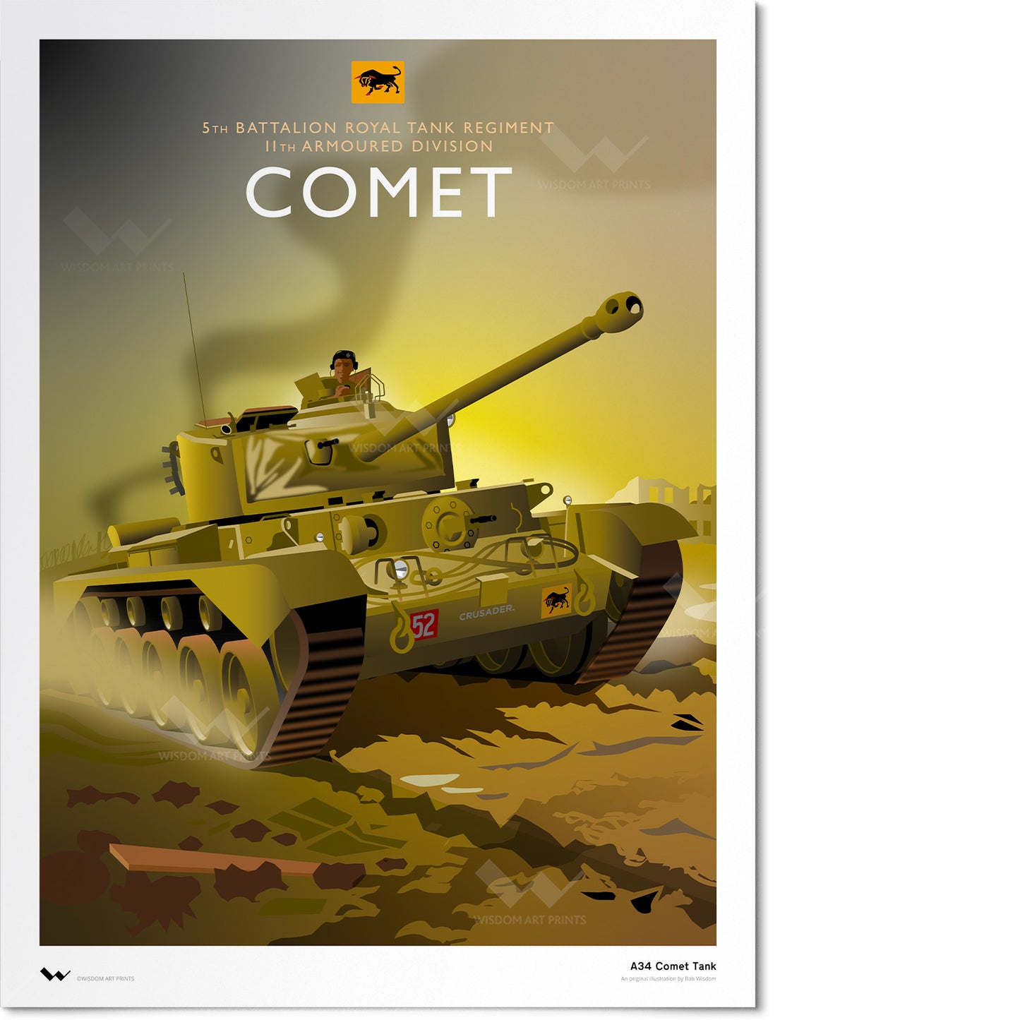 An art deco-style military art print featuring a tank labeled COMET, with a soldier visible in the turret and wartorn terrain beneath. The print is shown against a plain white background.
