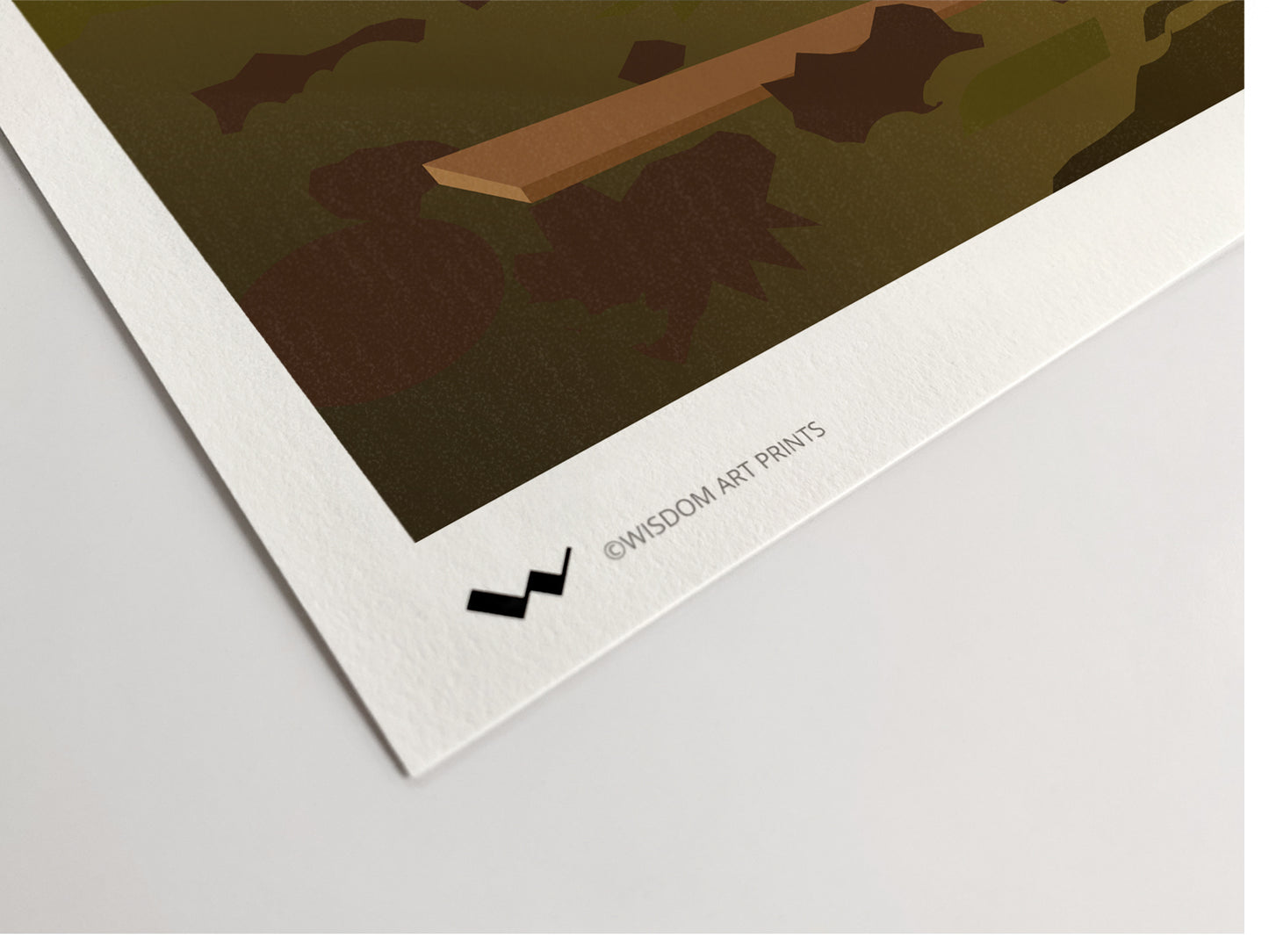 A close-up of an art print corner showing high-quality eleven-colour printing on textured white paper, with the text '@WISDOM ART PRINTS' and a black 'W' logo.