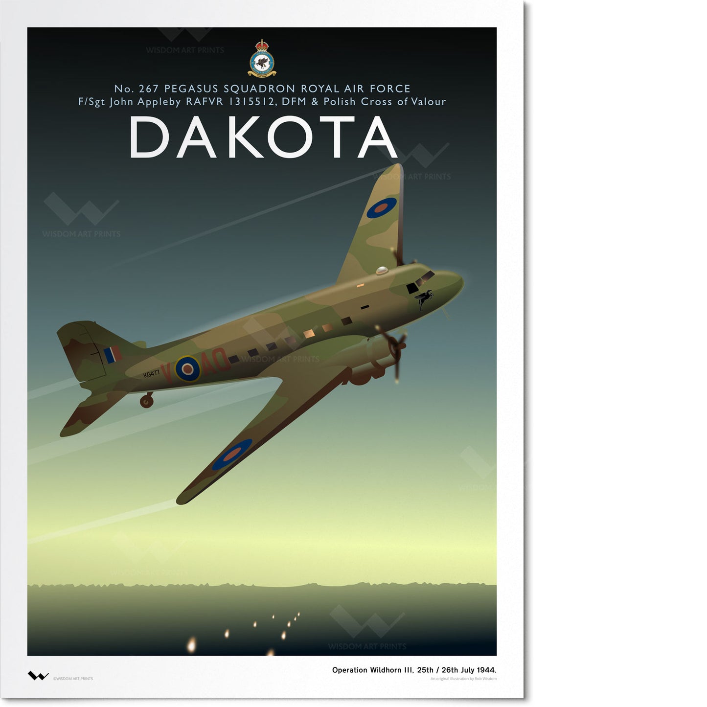 Original illustration of Douglas Dakota KG477, depicted making a clandestine nighttime landing in occupied Poland during Operation Wildhorn III.